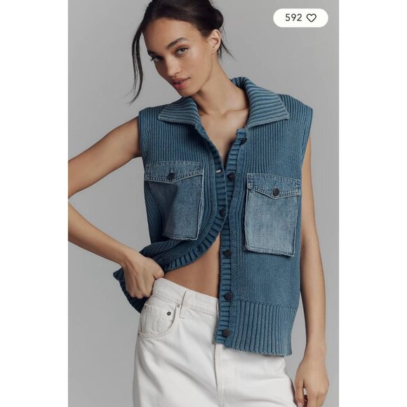 Pilcro NWT Reworked Denim Collared Sweater Vest Blue Size Large Anthropologie - Picture 1 of 9